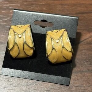 Vintage Yellow Enamel Abstract Earrings Gold Tone Modernist Pierced Retro 80s